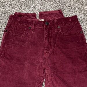 Madewell Burgandy Suade skinny Jeans.